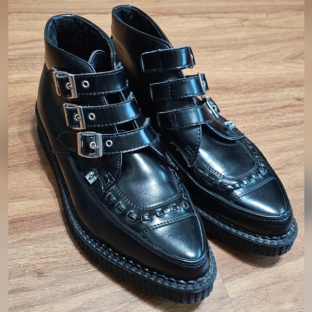 T.U.K. Black 3-Buckle Pointed Creeper Boots
